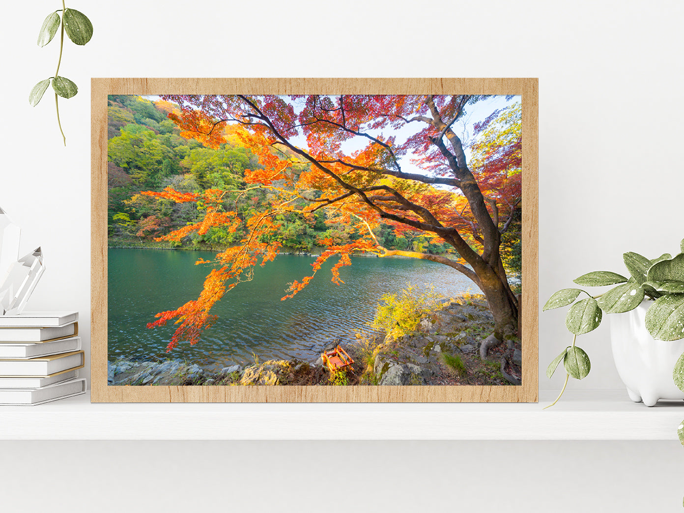 Autumn Forest & Arashiyama River Glass Framed Wall Art, Ready to Hang Quality Print Without White Border Oak