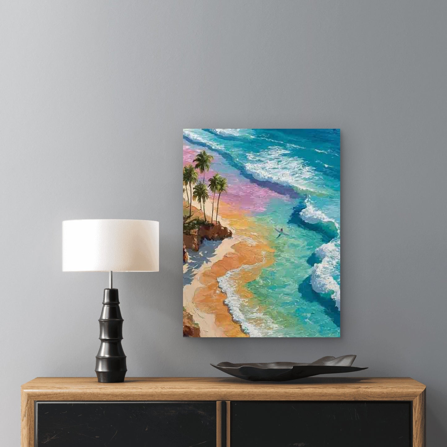 Pink Blue Turquoise Surfing Beach 60x90cm Metal Print Ready to Hang