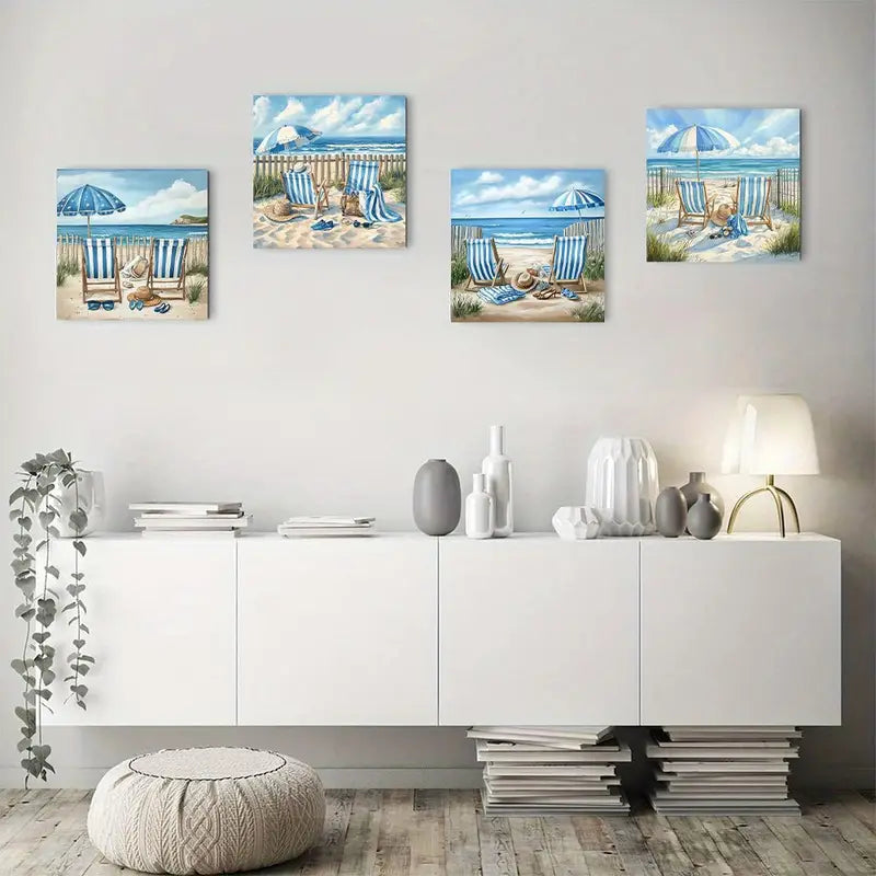 4pcs  Blue Ocean & Sandy Shoreline, Chic Beach  Wall Art Canvas Framed