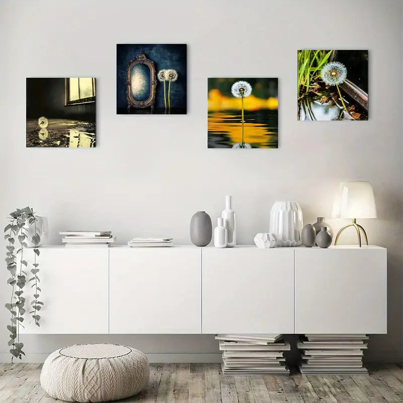 4pcs Dandelion & Chrysanthemu Wall Art Canvas Framed