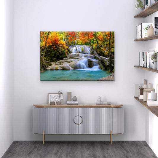 Waterfall In Autumn Forest 90x60cm Print 100% Australian Made - Bella Home Decor
