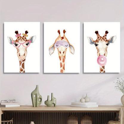 3pcs Cartoon cute watercolor funny giraffe wearing glasses Metal Print Ready to Hang Art