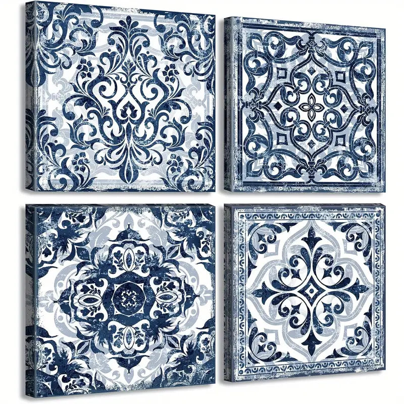 4pcs Navy Blue Floral Blue and White Patterns   Art Canvas Framed