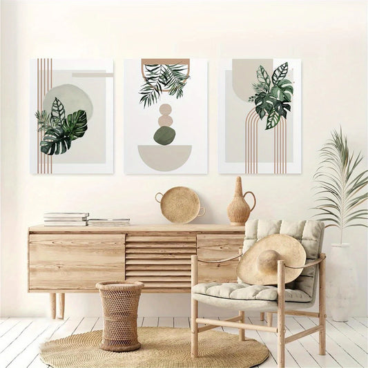 3pcs Abstract Geometric Lines & Watercolor Leaves Metal Print Ready to Hang Art