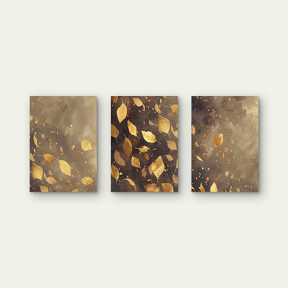 3pcs Gold Falling Leaves Autumn Brown Metal Print Ready to Hang Art