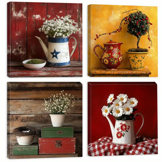 4pcs Red And White Accents Floral Arrangements Wall Art Canvas Framed