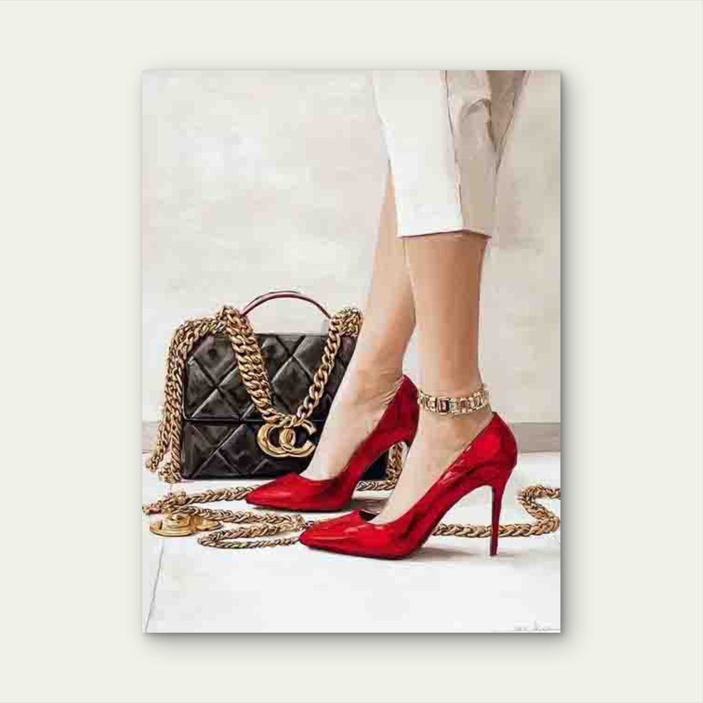 Red Heels, Golden Chain, Designer Bag 60x90cm Metal Print Ready to Hang