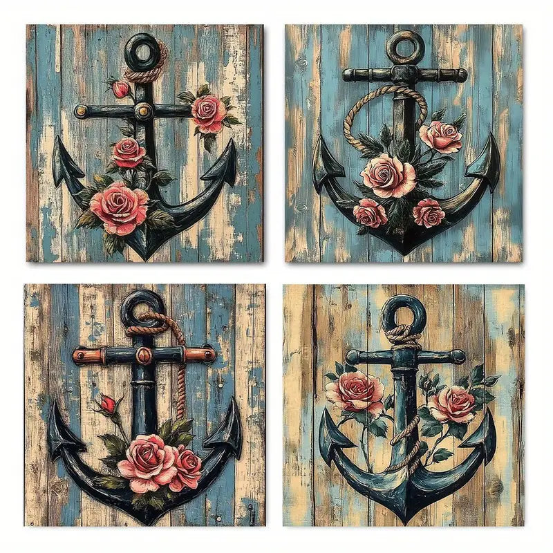 4pcs  Nautical Anchor Pink Roses  df    Wall Art Canvas Framed