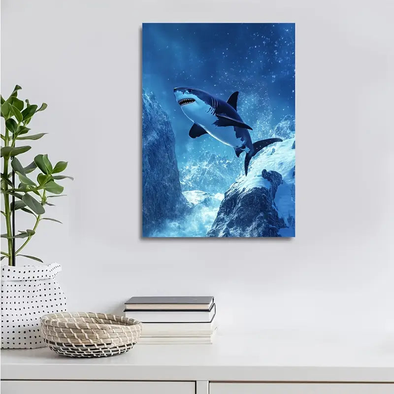 Vibrant Shark in Snowy Mountain Scene 40x60cm Metal Print Ready to Hang
