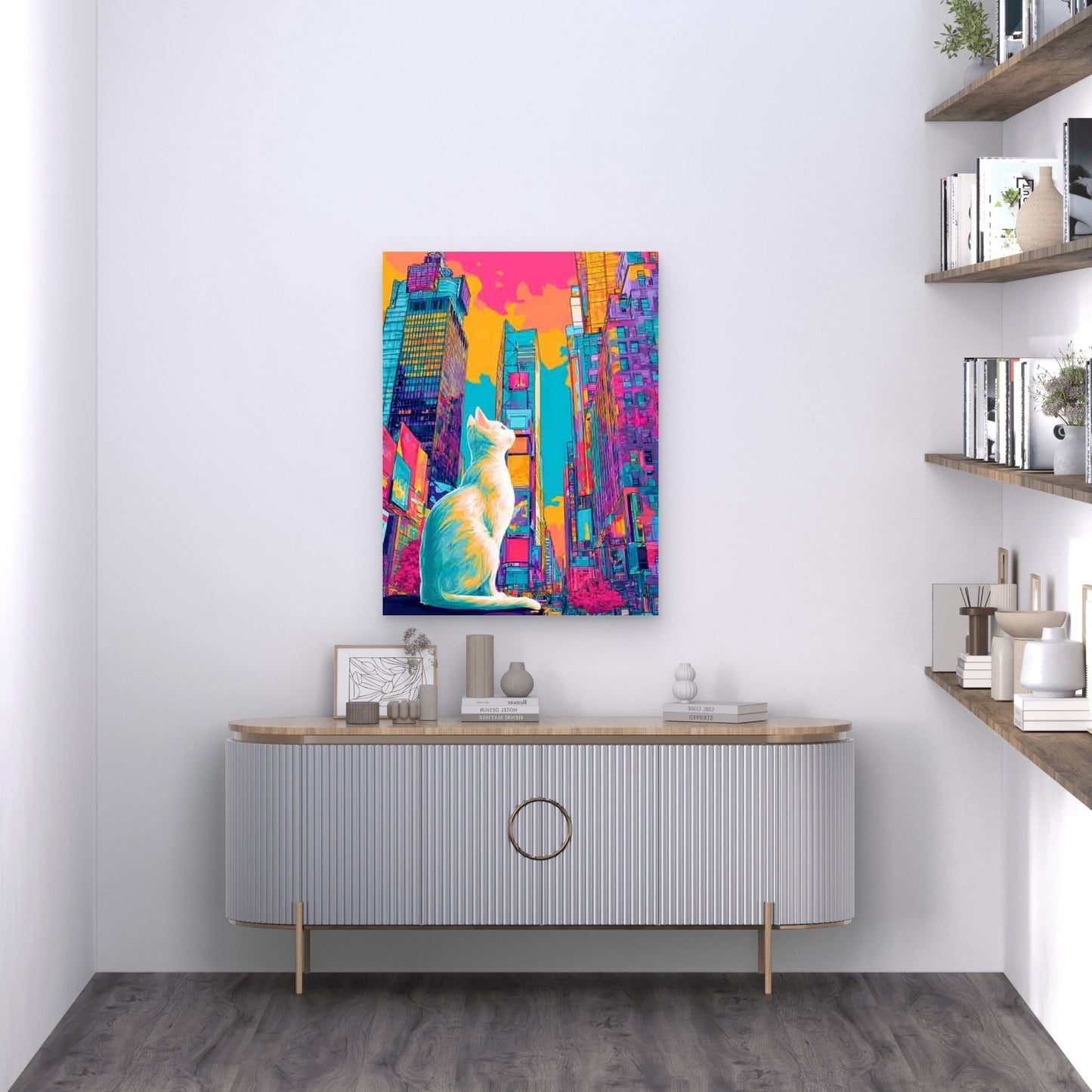 Vibrant Neon Cityscape with Fluffy White Cat 60x90cm Metal Print Ready to Hang