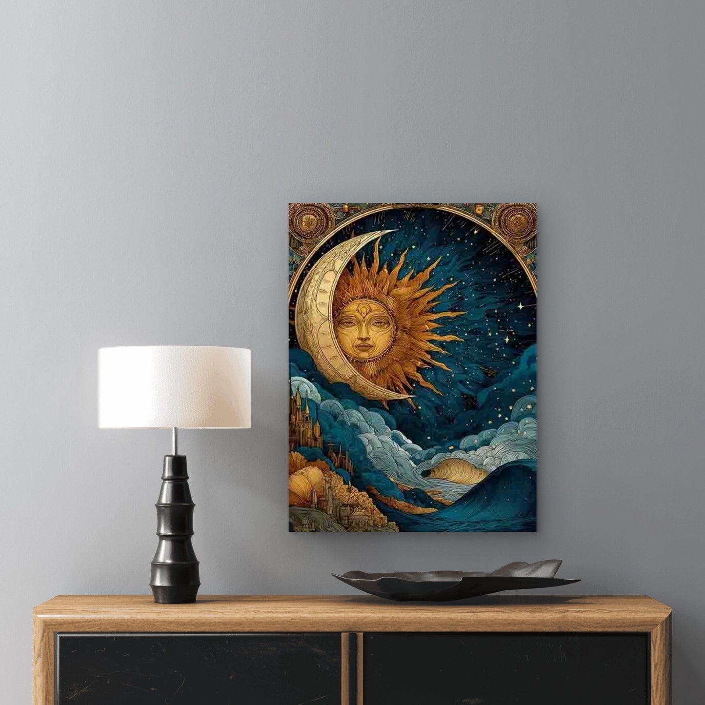 Celestial Moon Sun Ocean Artwork 60x90cm Metal Print Ready to Hang