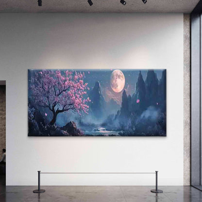 Asian Full Moon & Orchid Tree Wall Art Canvas Office Home Room Framed 120x60cm
