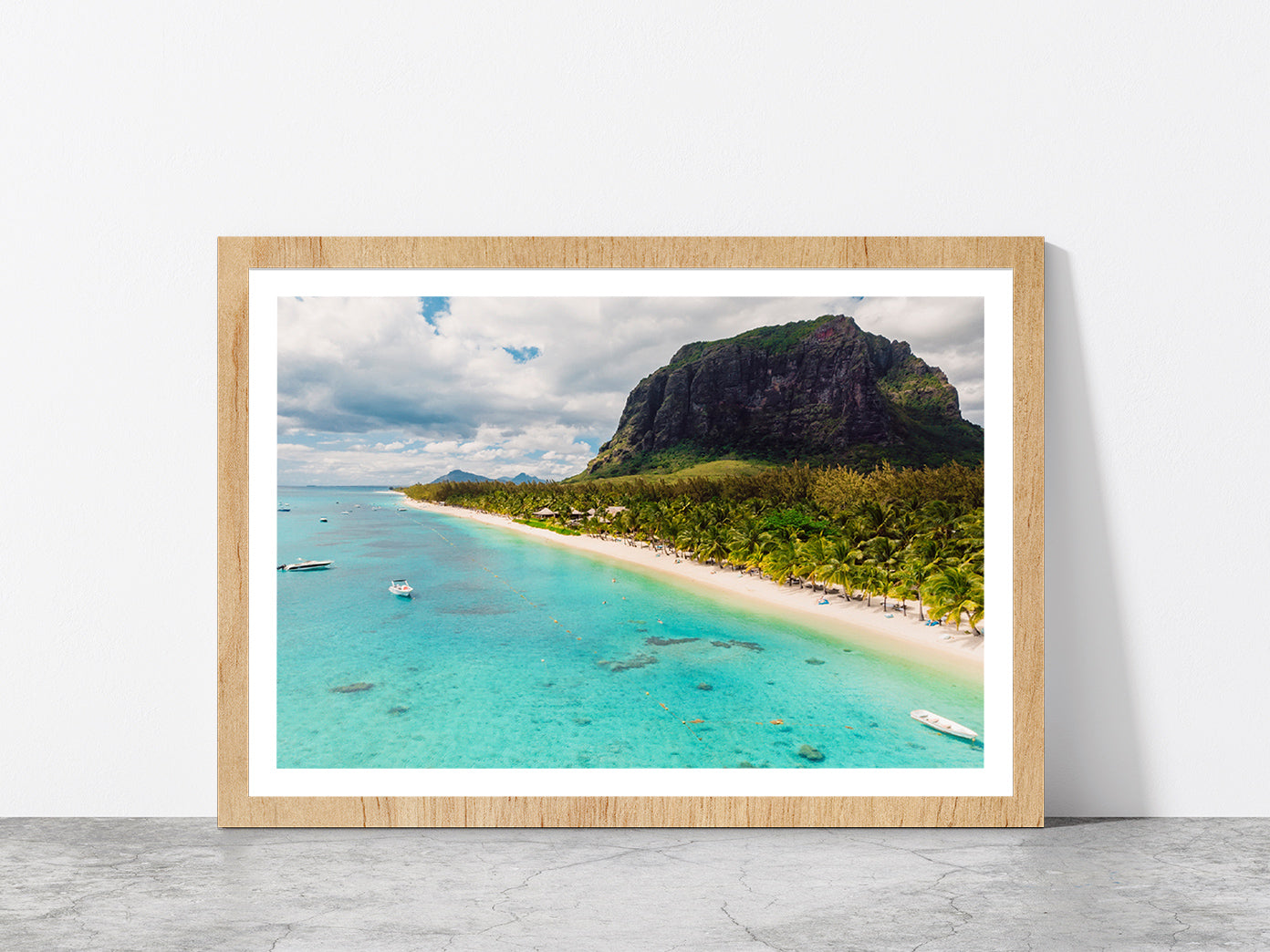 Beach With Le Morne Mountain Glass Framed Wall Art, Ready to Hang Quality Print With White Border Oak