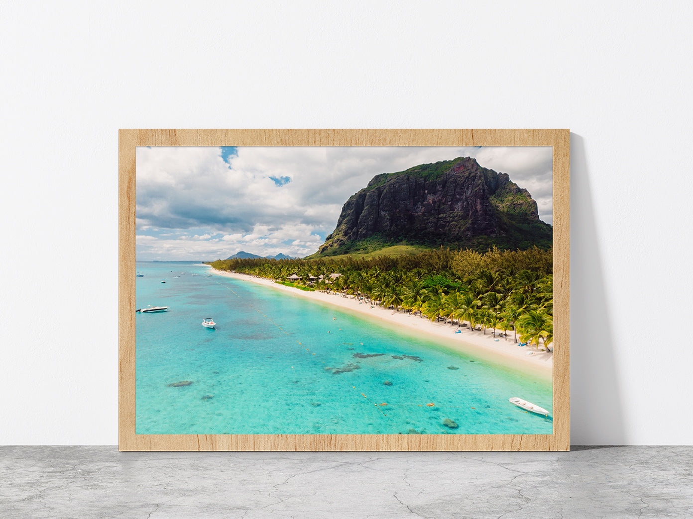 Beach With Le Morne Mountain Glass Framed Wall Art, Ready to Hang Quality Print Without White Border Oak