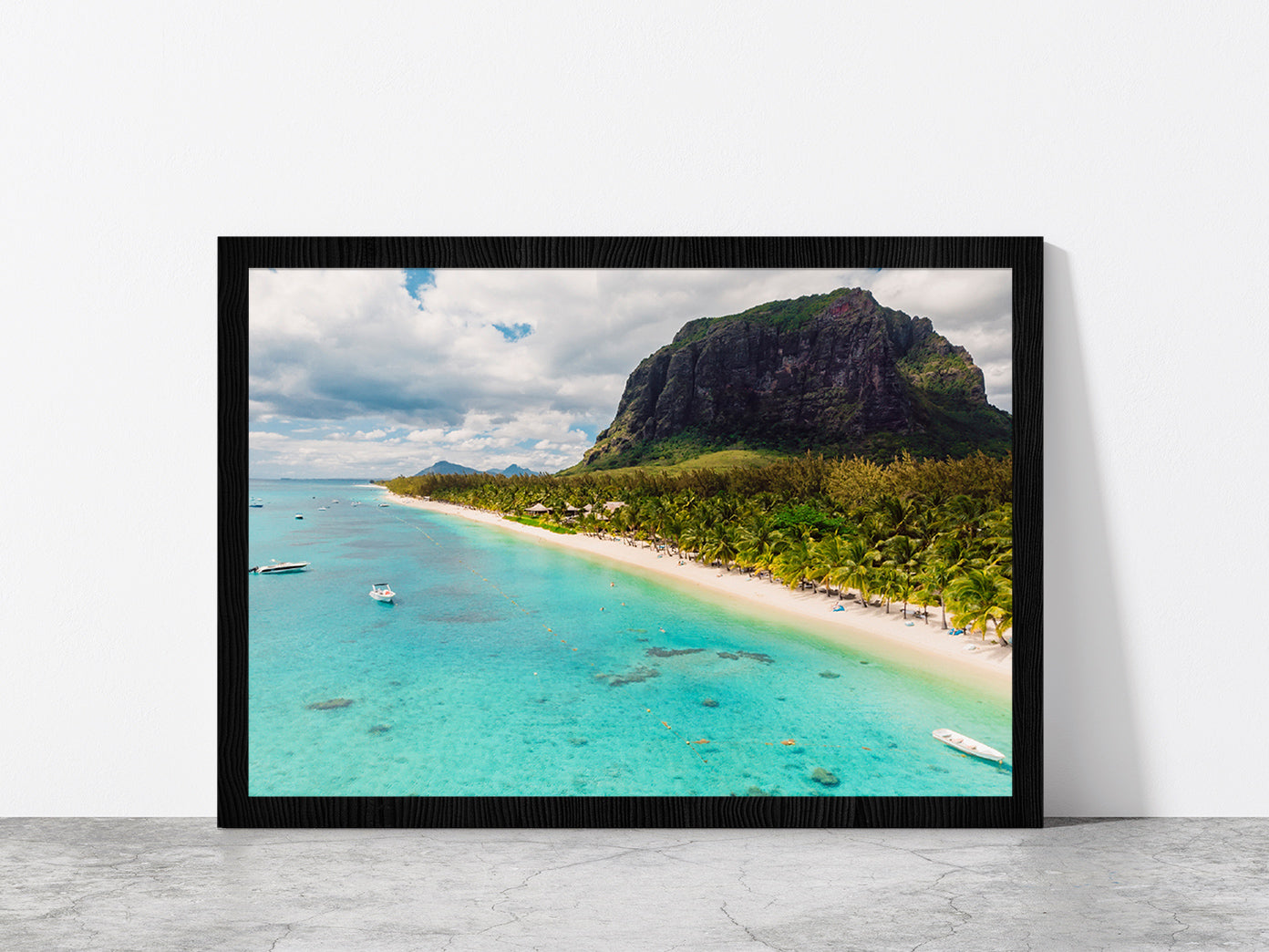 Beach With Le Morne Mountain Glass Framed Wall Art, Ready to Hang Quality Print Without White Border Black