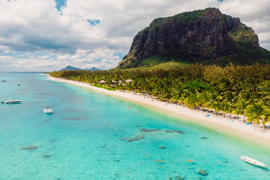 Beach With Le Morne Mountain Glass Framed Wall Art, Ready to Hang Quality Print