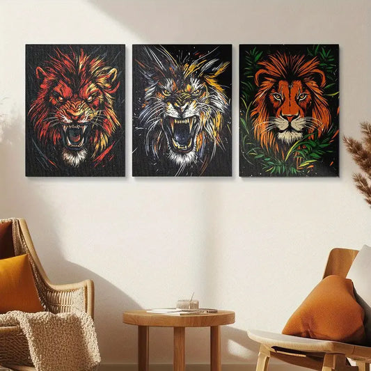 3pcs Vibrant Lion Face Animal Classic Design Metal Print Ready to Hang Art