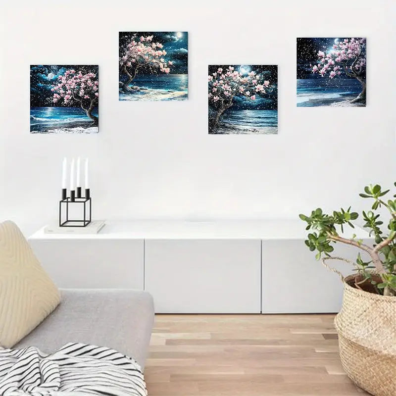 4pcs  Moonlit Lak Room Decor Home DH  Wall Art Canvas Framed