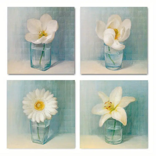 4pcs   White Flowers in Blue Vases  WF  Wall Art Canvas Framed