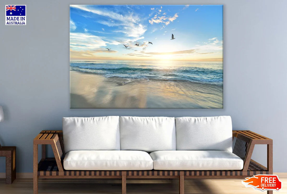 Birds Flying on Blue Sky with Sea View Photograph 90x60cm Print 100% Australian Made