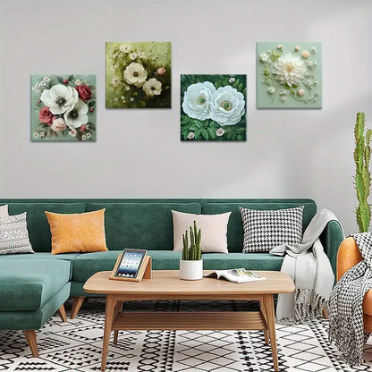 4pcs Flowers Square White Peony Wall Art Canvas Framed