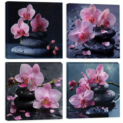 4pcs Black Pebbles  Pink Flower Wall Art Canvas Framed