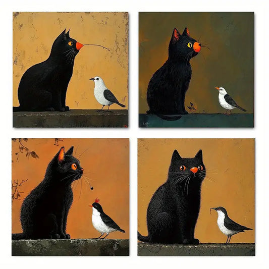 4pcs Vintage Red Bird & Cat Retro  Wall Art Canvas Framed