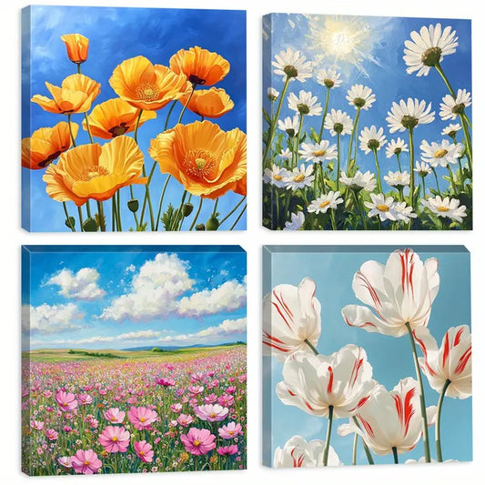 4pcs Flower  Nature Wall Decor, Colorful  FND Wall Art Canvas Framed