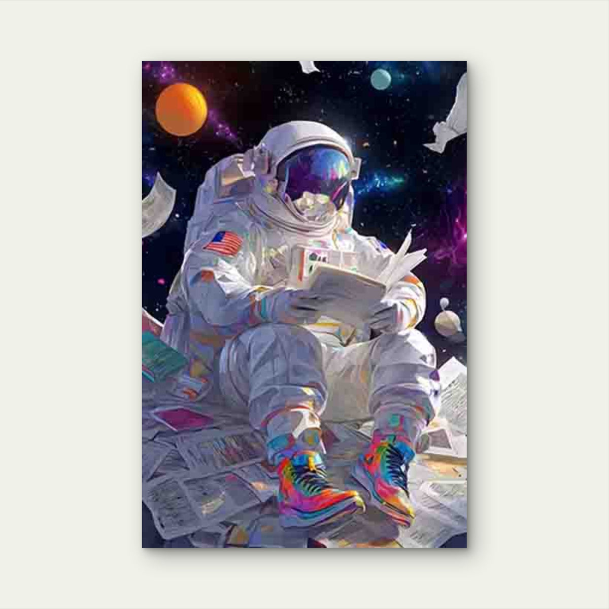 Astronaut Reading in Space Metal Print Ready to Hang
