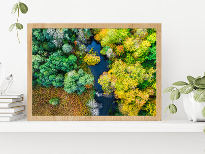 Colorful Forest & River In Autumn Glass Framed Wall Art, Ready to Hang Quality Print Without White Border Oak