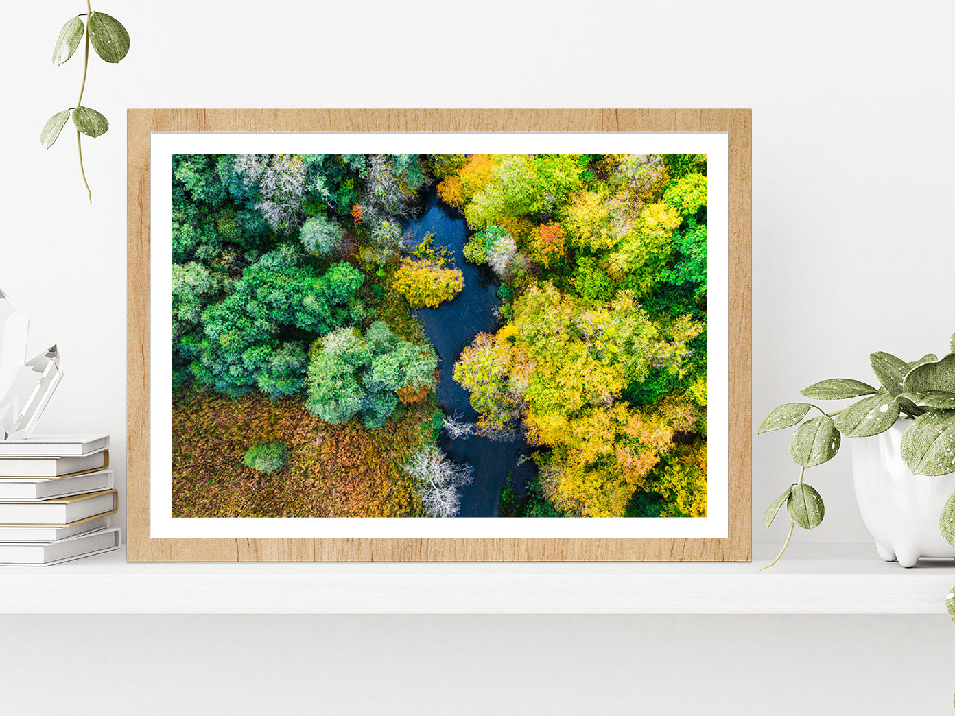 Colorful Forest & River In Autumn Glass Framed Wall Art, Ready to Hang Quality Print With White Border Oak