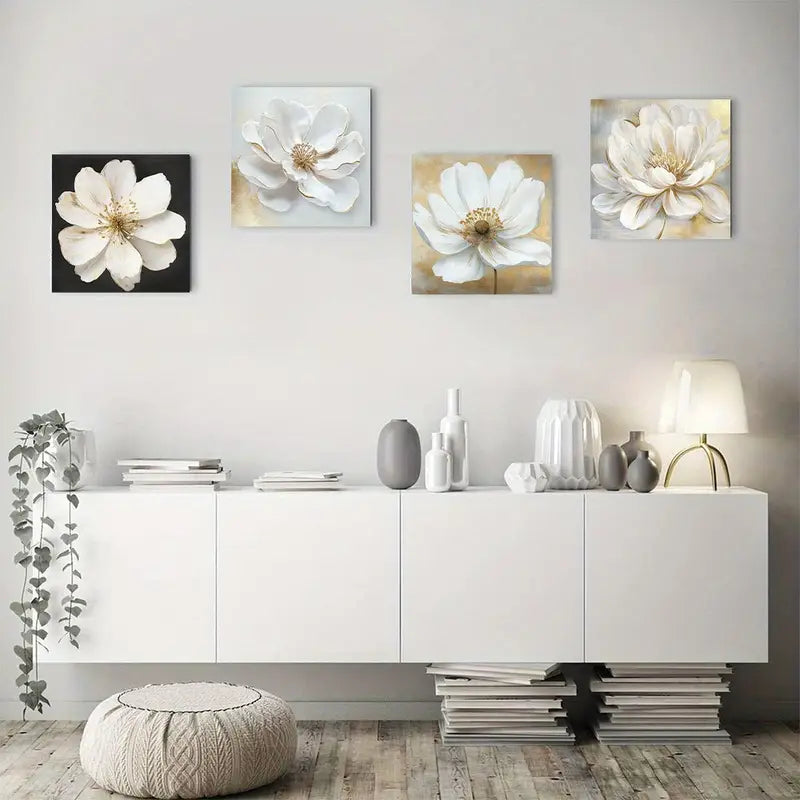4pcs Elegant White FlowerWall Art Canvas Framed