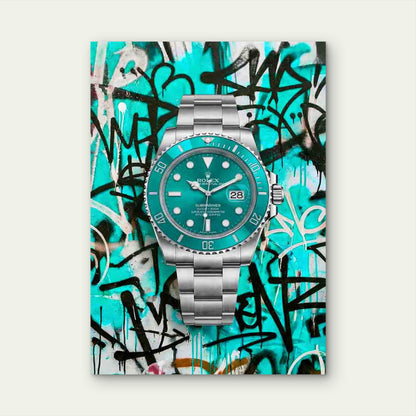 Teal Diver Graffiti Silver Wristwatch 40x60cm Metal Print Ready to Hang