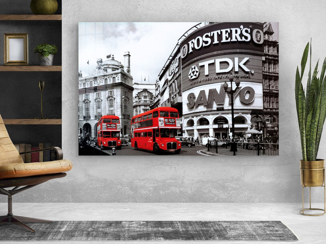 B&W City & Red Buses UV Direct Aluminum Print Australian Made Quality