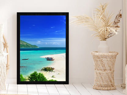 Boats near Lipe Island Blue Sky View Thailand Glass Framed Wall Art, Ready to Hang Quality Print Without White Border Black