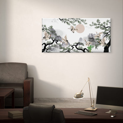 Japanese Pine Tree Flying Cranes Scene Painting Wall Art Canvas Office Home Framed 120x60cm