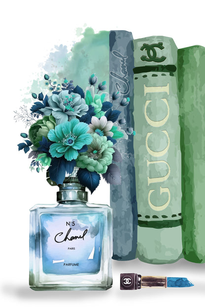 Blue Green Fashion Perfume with Flowers Print 100% Australian Made