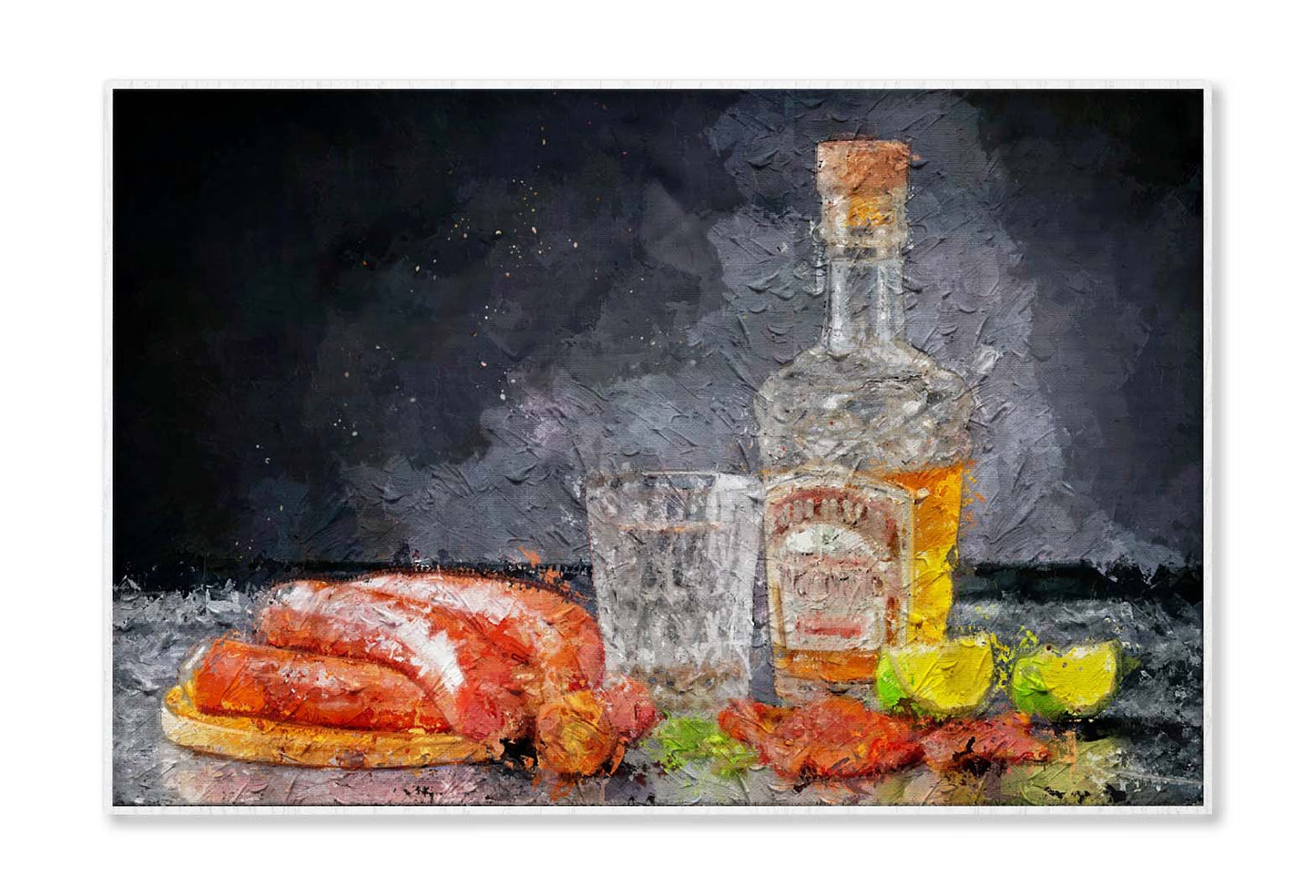 Stylized Still Life with a Bottle of Vodka or Moonshine with a Glass, Bacon, Sausage and Cucumber Wall Art Limited Edition High Quality Print