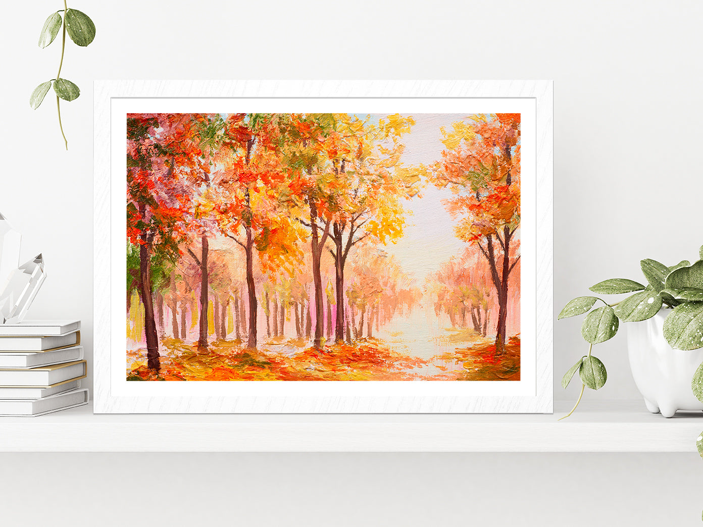 Colorful Autumn Forest Glass Framed Wall Art, Ready to Hang Quality Print With White Border White