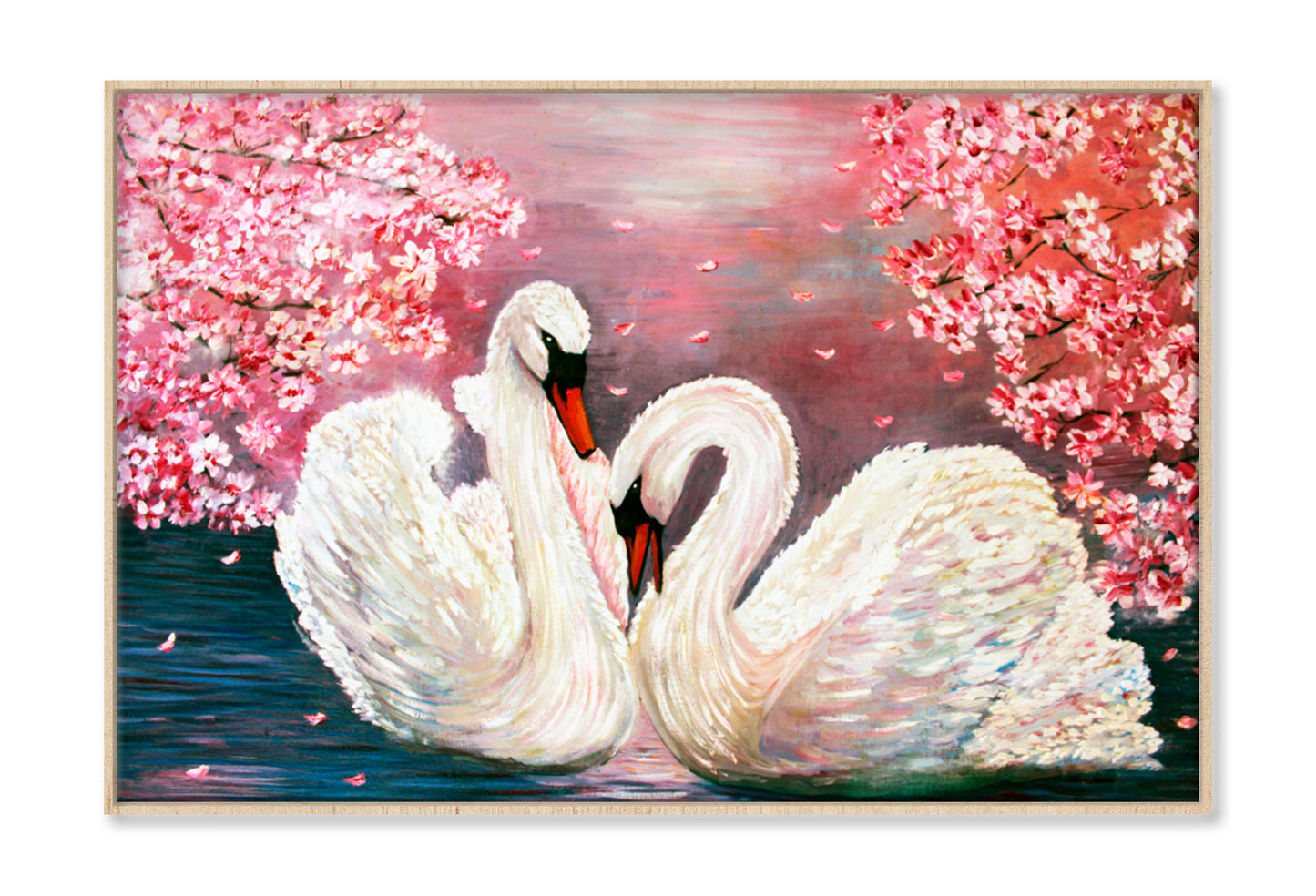 Swarns With Pink Flowers Oil Painting Wall Art Limited Edition High Quality Print Canvas Box Framed Natural