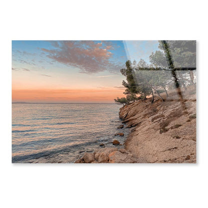 Sunset At the Sea on A Rocky Coast with Pine Trees Acrylic Glass Print Tempered Glass Wall Art 100% Made in Australia Ready to Hang