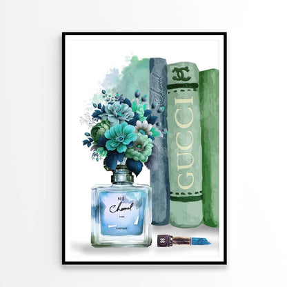 Blue Green Fashion Perfume with Flowers Design Home Decor Premium Quality Poster Print Choose Your Sizes