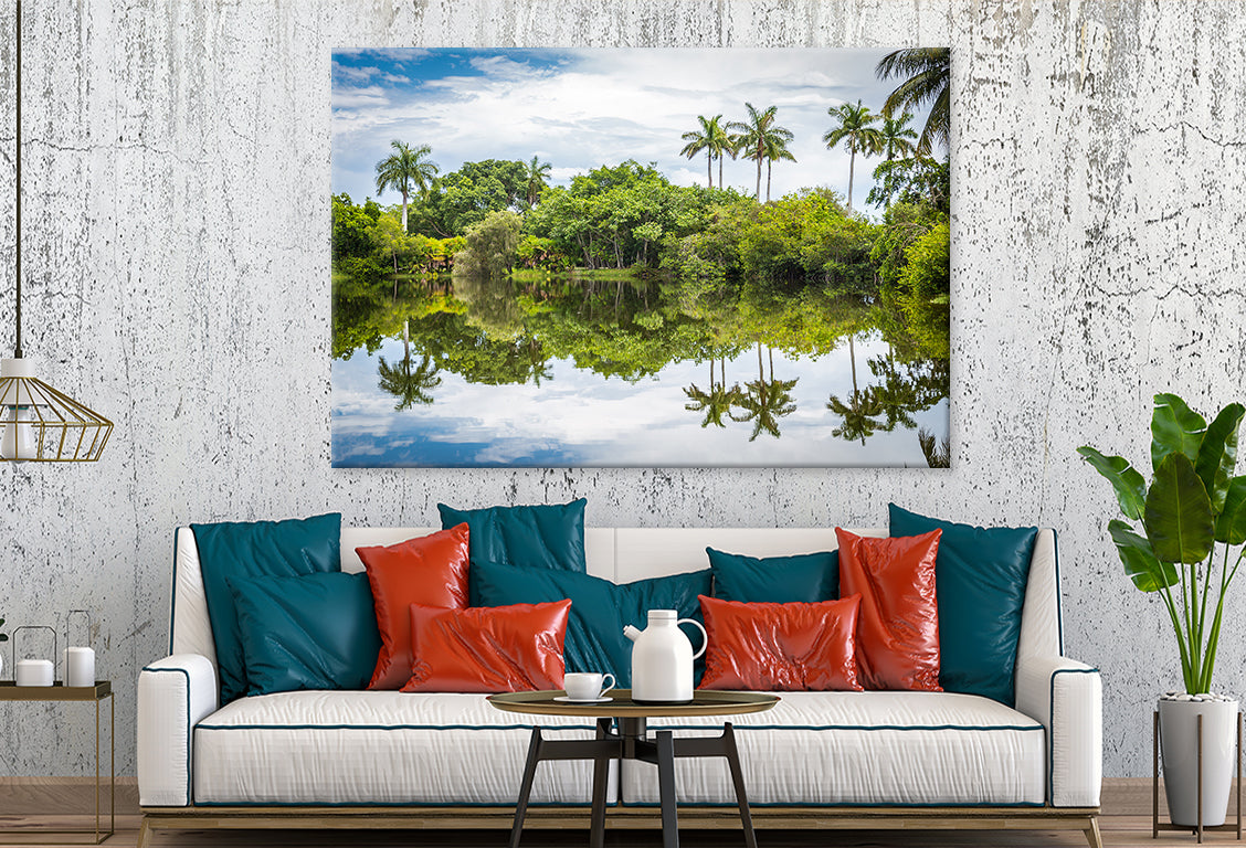 Palm Trees Reflected in Lake, Miami Wall Art Decor 100% Australian Made