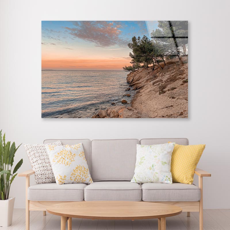 Sunset At the Sea on A Rocky Coast with Pine Trees Acrylic Glass Print Tempered Glass Wall Art 100% Made in Australia Ready to Hang