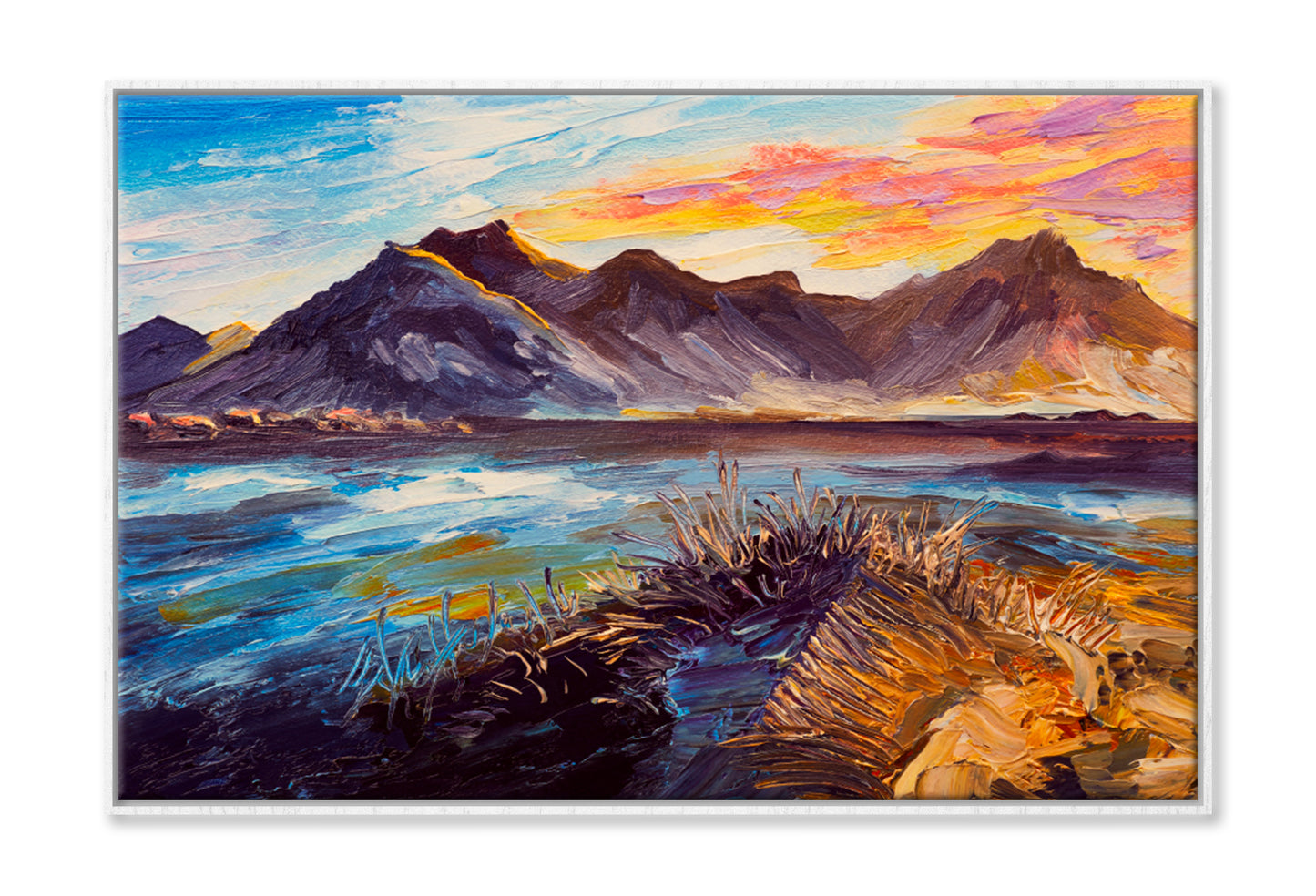 Pink Sunset, Sea, Mountains Oil Painting Limited Edition High Quality Print Canvas Box Framed White