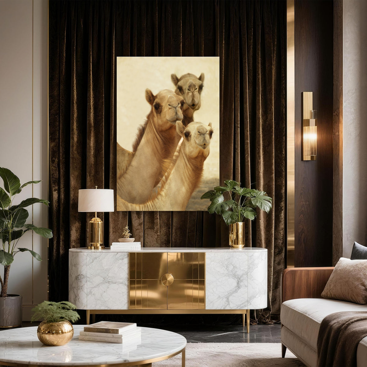 Group of Three Curious Camels 40x60cm Metal Print Ready to Hang