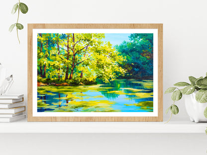 Lake In The Forest Oil Painting Glass Framed Wall Art, Ready to Hang Quality Print With White Border Oak