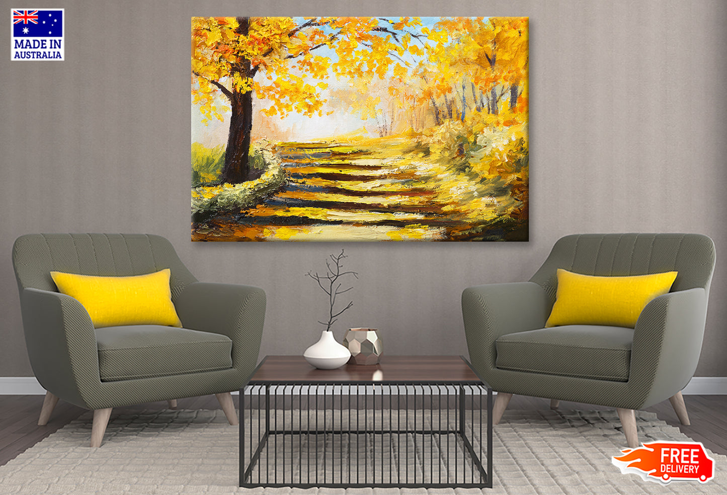 Yellow Autumn Trees & Pathway Oil Painting Wall Art Limited Edition High Quality Print