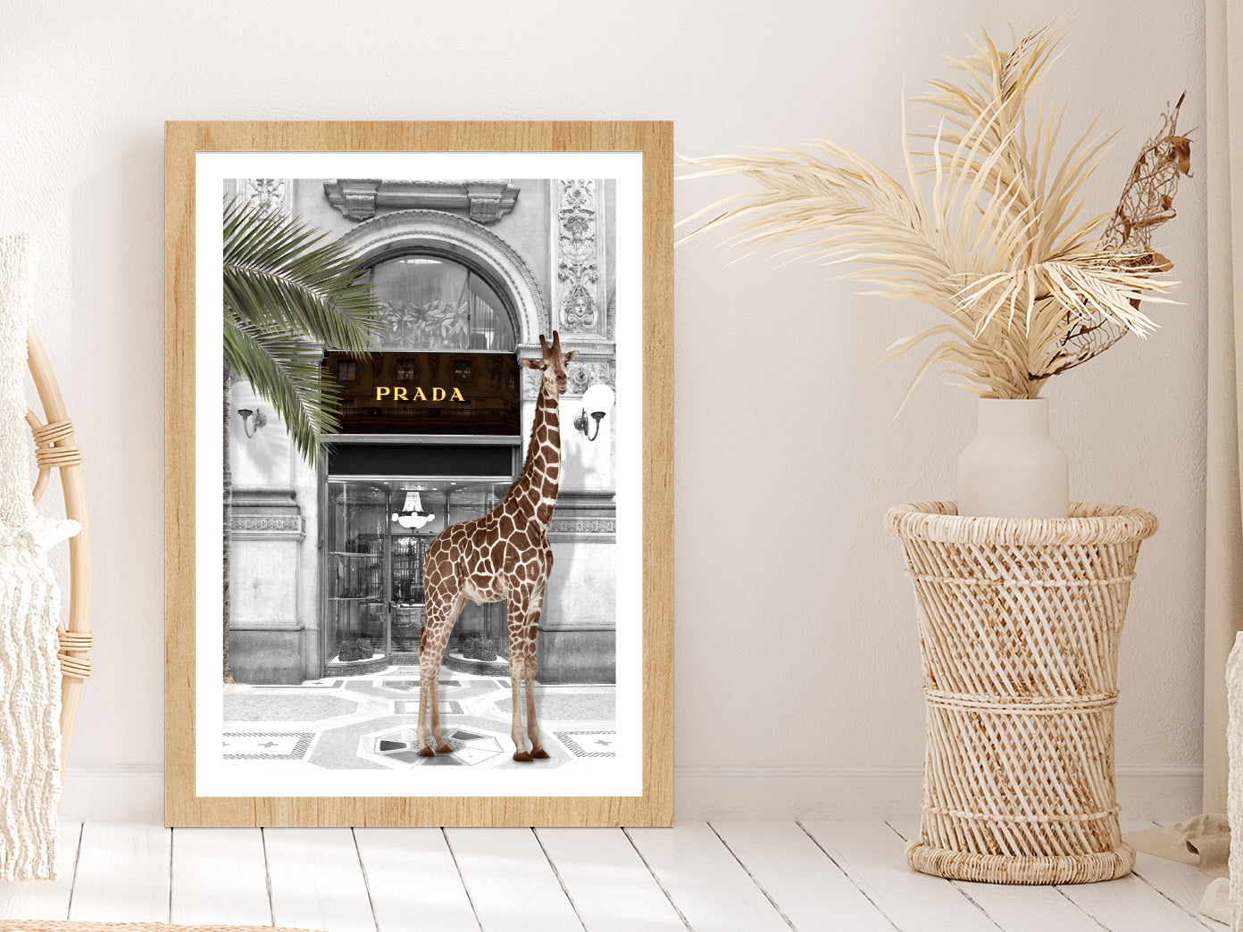 Girrafe near Fashion Store Digital Art Glass Framed Wall Art, Ready to Hang Quality Print With White Border Oak