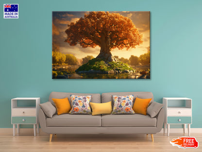 A Tree with Orange Leaves with Cloudy Sky Print 100% Australian Made